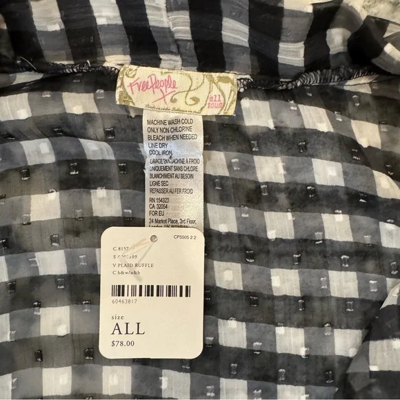 Free People Picnic Plaid Tie Front Gingham Ruffle Top Black‎ White OS NWT - Picture 5 of 7